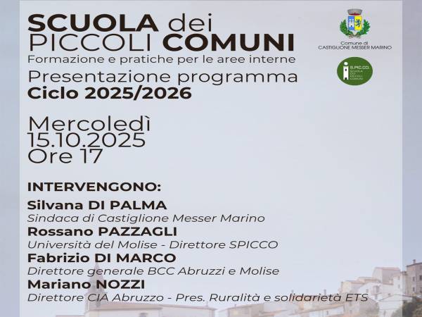 Riparte la Scuola dei piccoli Comuni a Castiglione Messer Marino