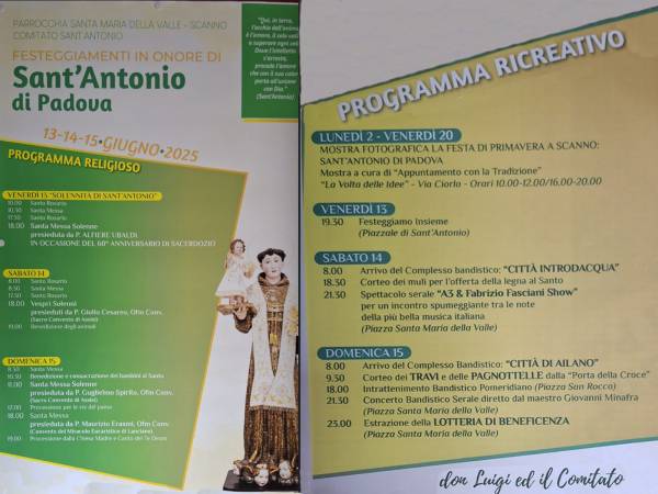 DOMANI FESTA LITURGICA DI SANT’ANTONIO DI PADOVA A SCANNO PRELUDE A QUELLA TRADIZIONALE DI SABATO E DOMENICA