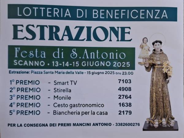 I numeri vincenti della lotteria di beneficenza "Festa di Sant'Antonio" a Scanno