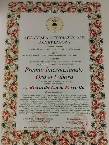 Il nostro Ricardo Lucio Periello ha ricevuto il prestigioso Premio Internazionale “Ora et Labora”
