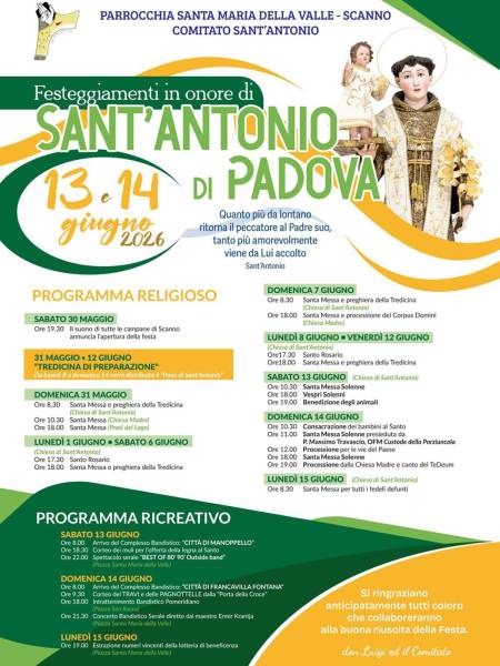 Festa di Sant’Antonio di Padova a Scanno sabato 13 e domenica 14 giugno