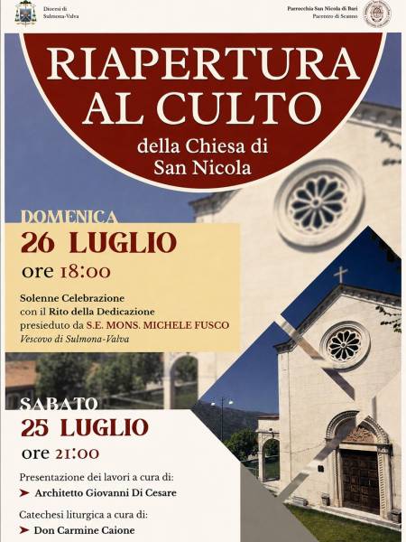 Domani, 26 Luglio, riaprirà al culto la chiesa di San Nicola a Frattura di Scanno con una solenne celebrazione eucaristica